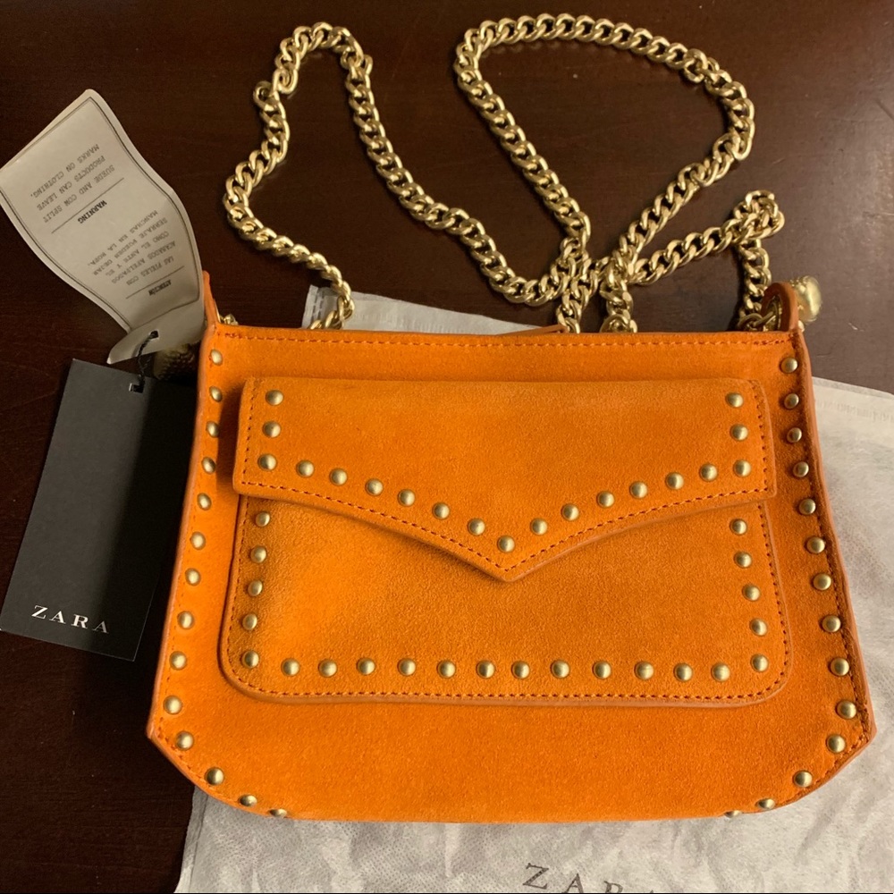 Zara Orange Suede Leather bag with gold chain - Picture 1 of 11